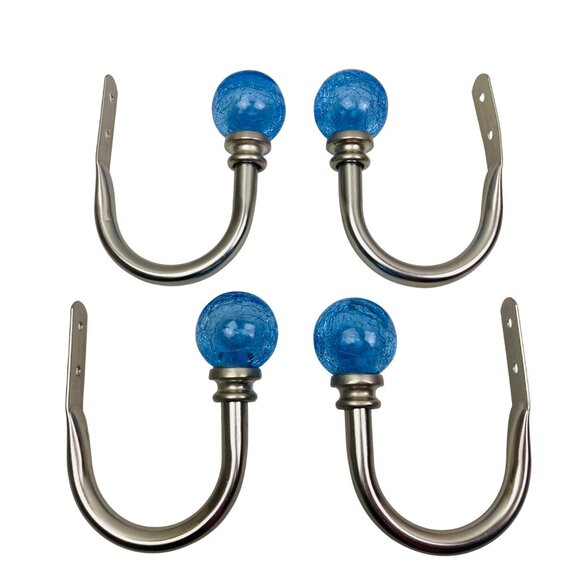 Set Of 4 Blue Crackle Glass Globe Ball Curtain Tiebacks or Wall Hooks Hangers - Picture 1 of 7